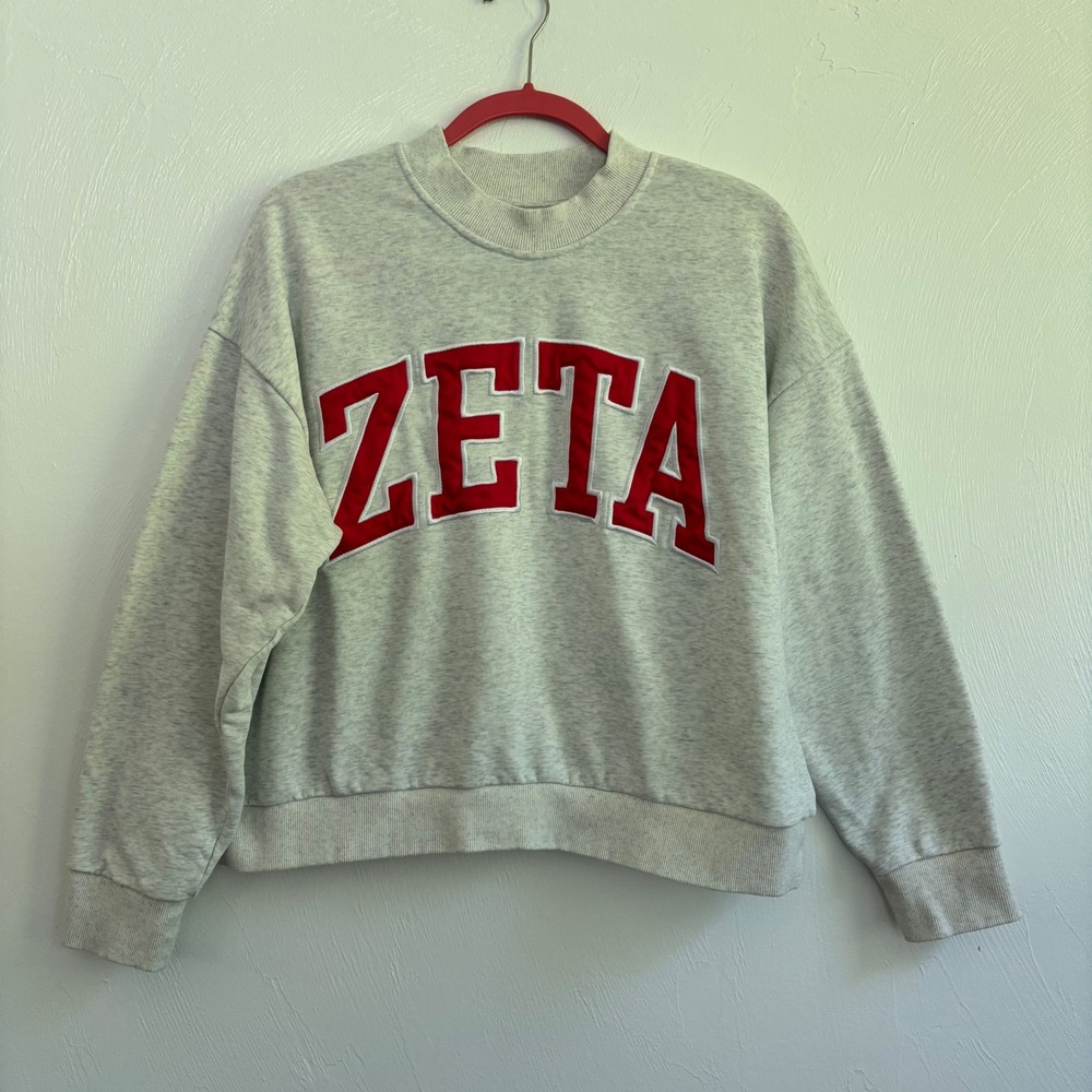TCL Zeta Gray Red Varsity Sorority Crewneck Sweatshirt Pullover Large Mock Neck